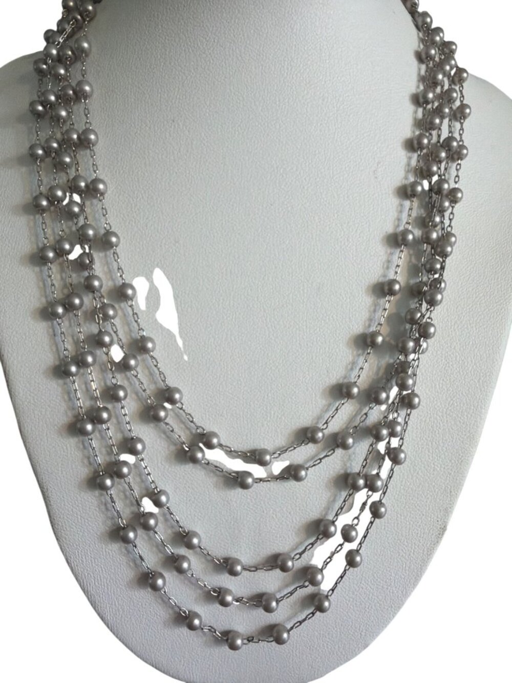 Vintage Multi Strand Silver Tone Necklace Ball Bead Stations 5 Strand Estate 18"